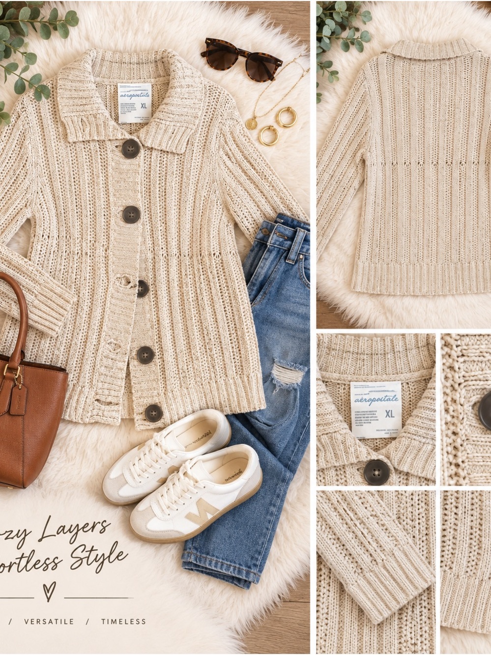 Vintage Aeropostale Cream Open-Knit Button Cardigan Jacket